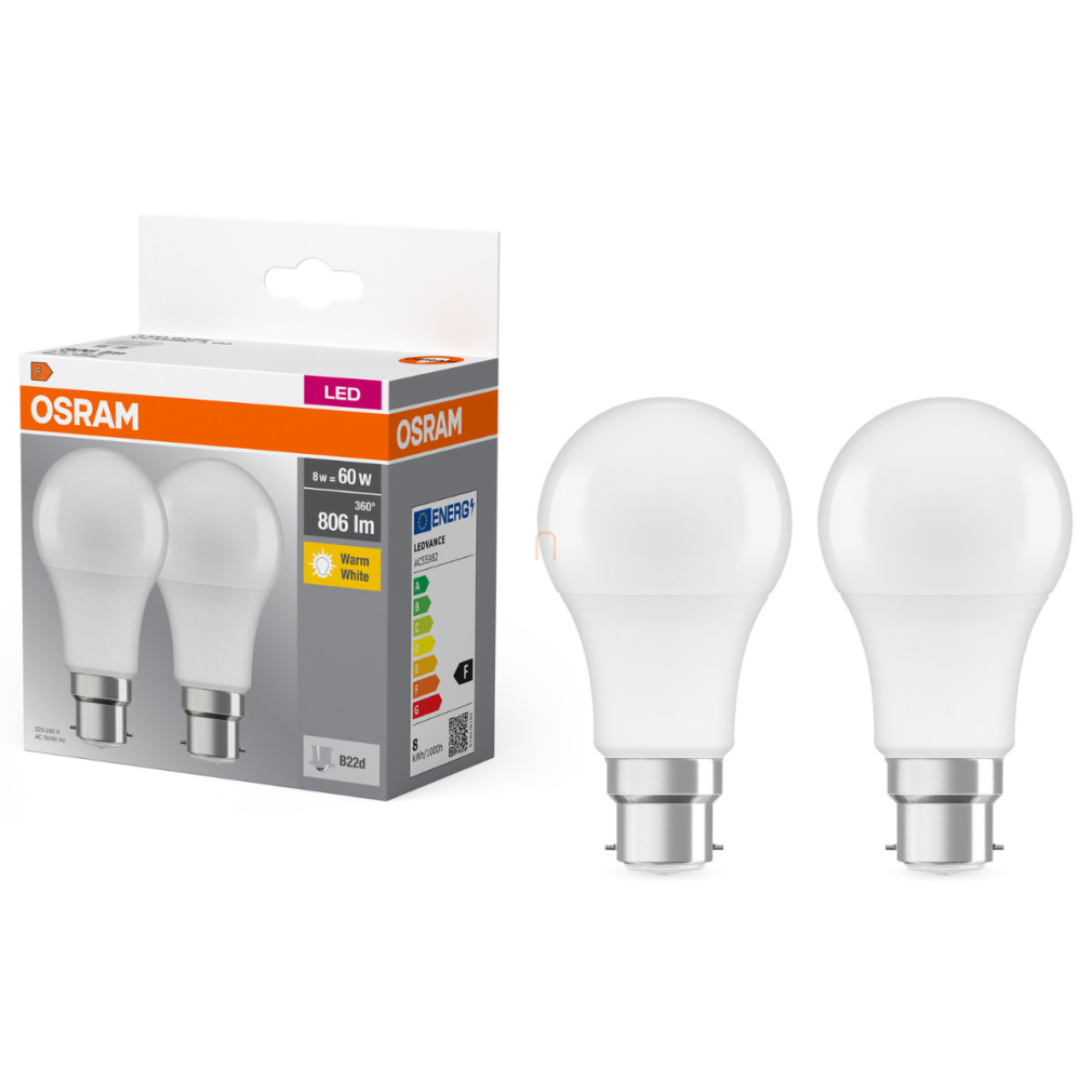 Osram B22d LED 8W, 806 lm, 2700 K, melegfehér, opál műanyag-60 W izzó helyett, 2 darabos - Base Classic A