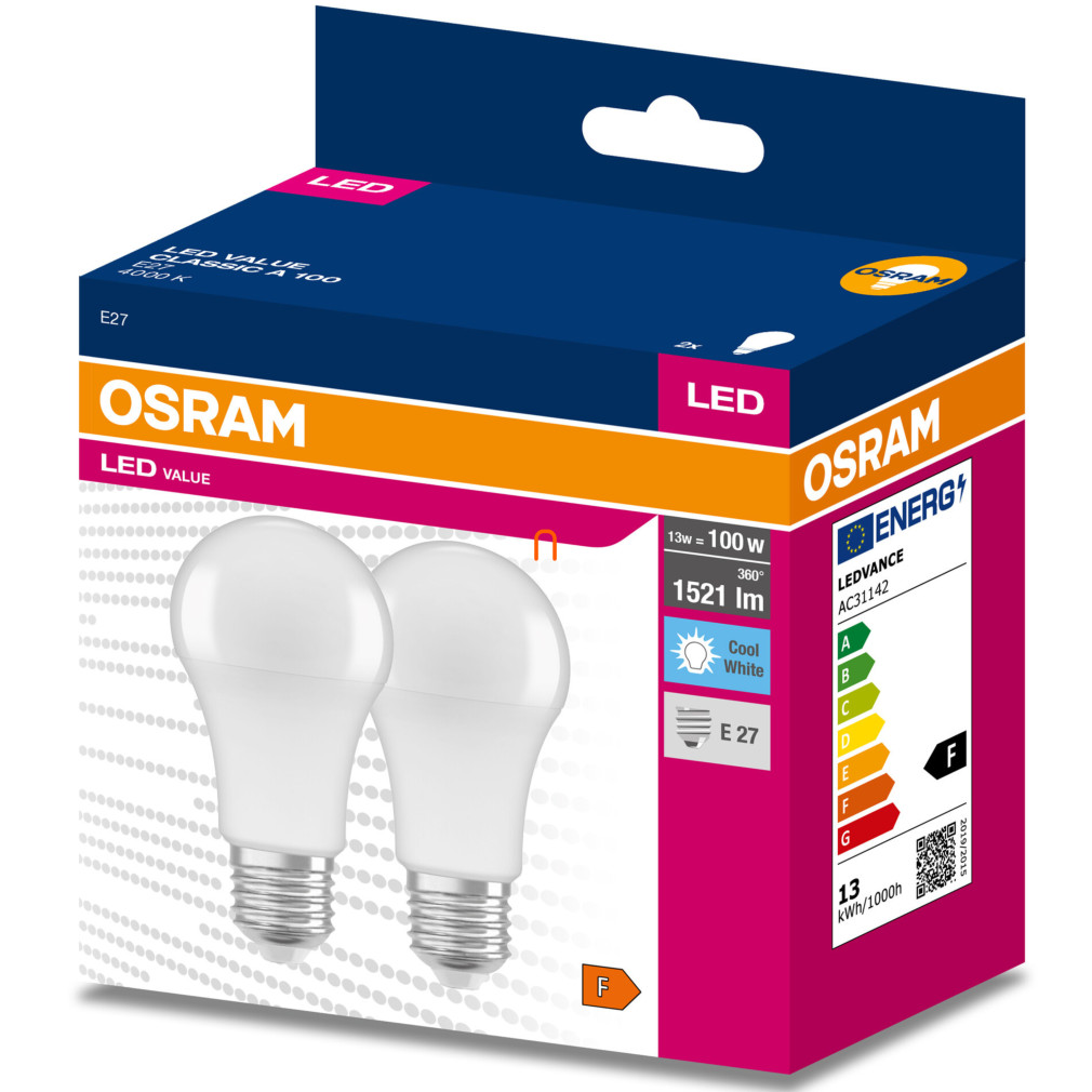 Osram E27 LED Value Classic 13W, 1521 lm, 4000 K, 100 W izzó helyett (2 darabos)