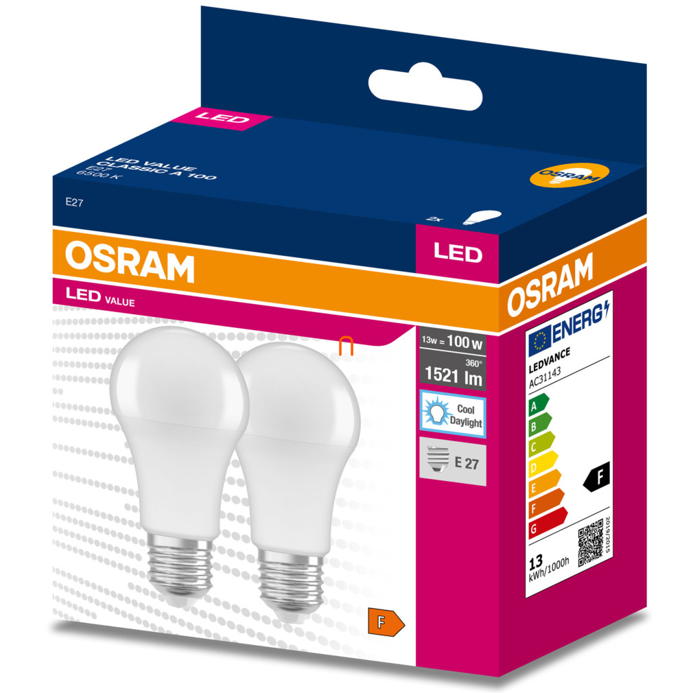 Osram E27 LED Value Classic 13W, 1521 lm, 6500 K, 100 W izzó helyett (2 darabos)