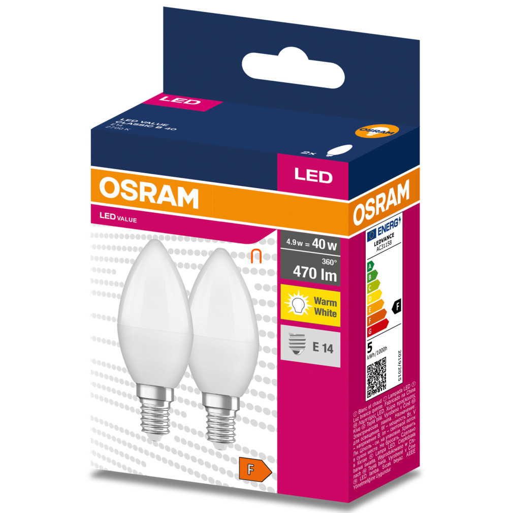 Osram E27 LED Value Classic gyertya 4,9W, 470 lm, 2700 K, 40 W izzó helyett (2 darabos)