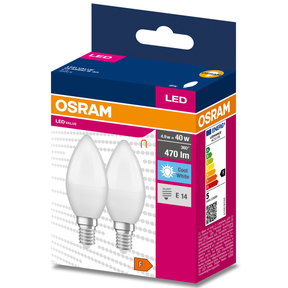 Osram E27 LED Value Classic gyertya fényforrás 4,9W, 470 lm, 4000 K, 40 W izzó helyett (2 darabos)