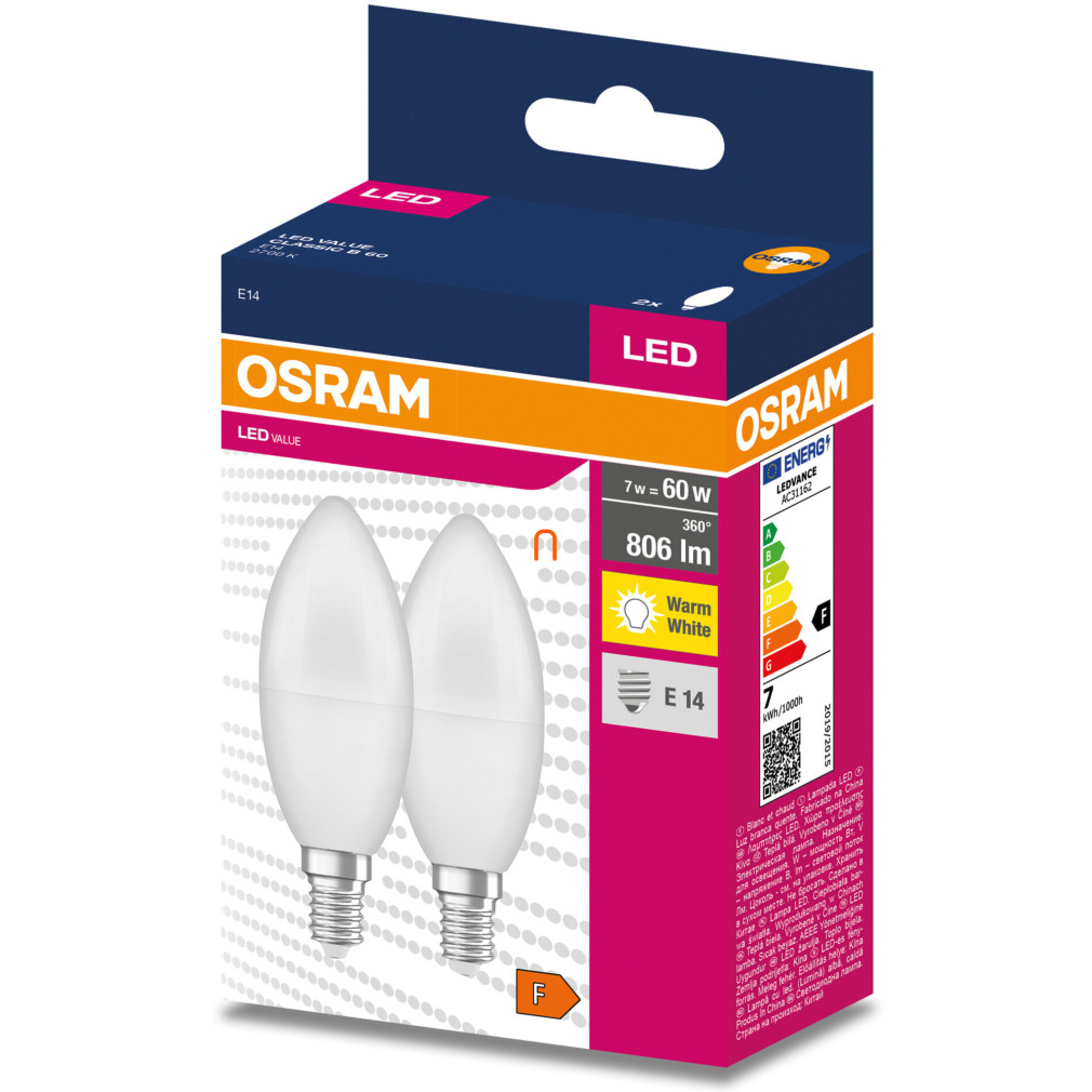 Osram E14 LED Value Classic gyertya fényforrás 7W, 806 lm, 2700 K, 60 W izzó helyett (2 darabos)