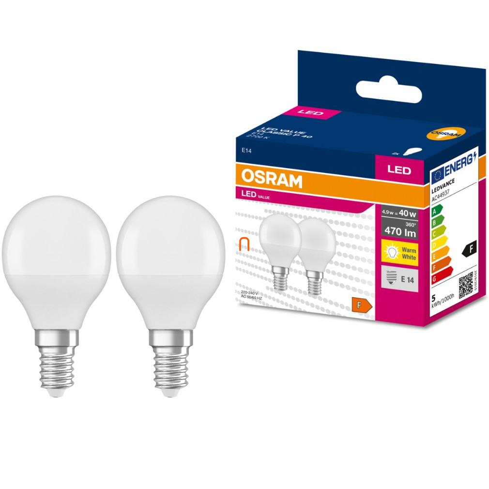 Osram E27 LED Value Classic kisgömb 4,9W, 470 lm, 2700 K, 40 W izzó helyett (2 darabos)