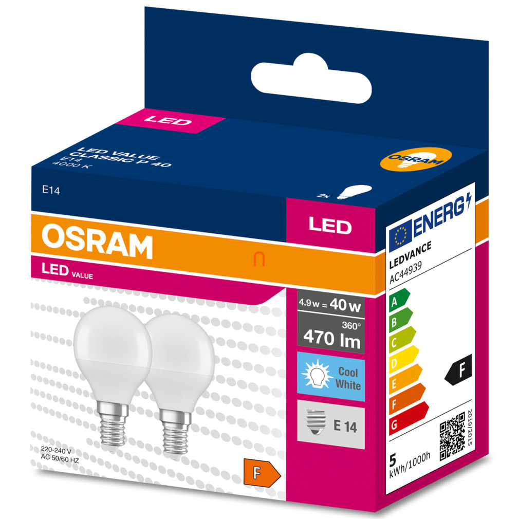 Osram E27 LED Value Classic kisgömb 4,9W, 470 lm, 4000 K, 40 W izzó helyett (2 darabos)