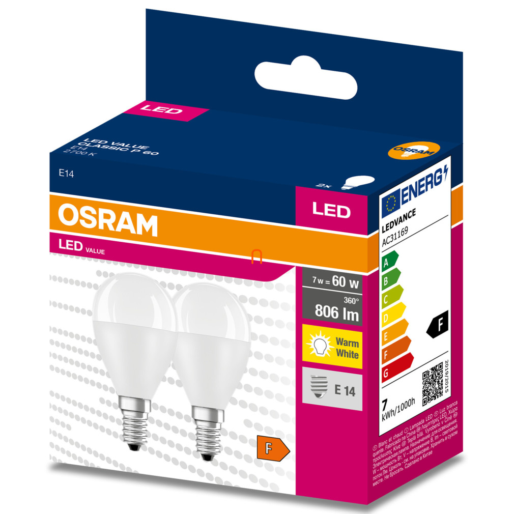 Osram E14 LED Value Classic 7W, 806 lm, 2700 K, 60 W izzó helyett (2 darabos)