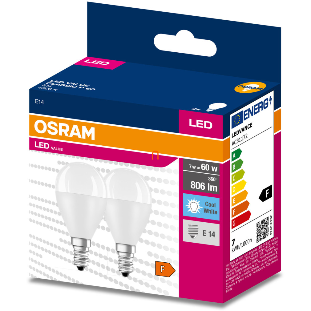 Osram E14 LED Value Classic 7W, 806 lm, 4000 K, 60 W izzó helyett (2 darabos)