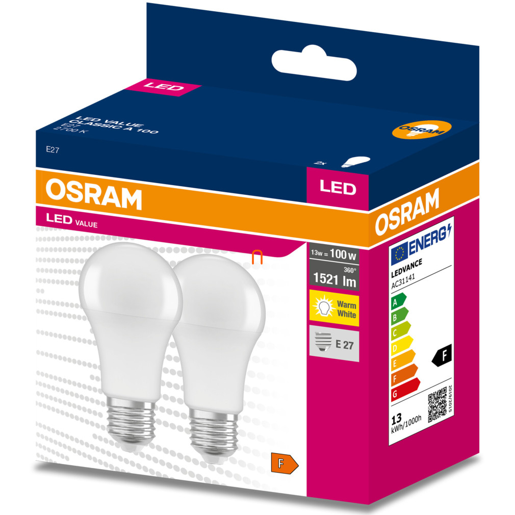 Osram E27 LED Value Classic 13W, 1521 lm, 2700 K, 100 W izzó helyett (2 darabos)