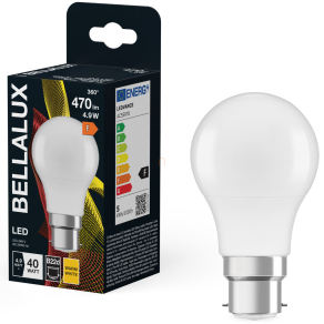   Bellalux B22d LED 4,9W, 470 lm, 2700 K, melegfehér, opál műanyag-40 W izzó helyett - Classic A