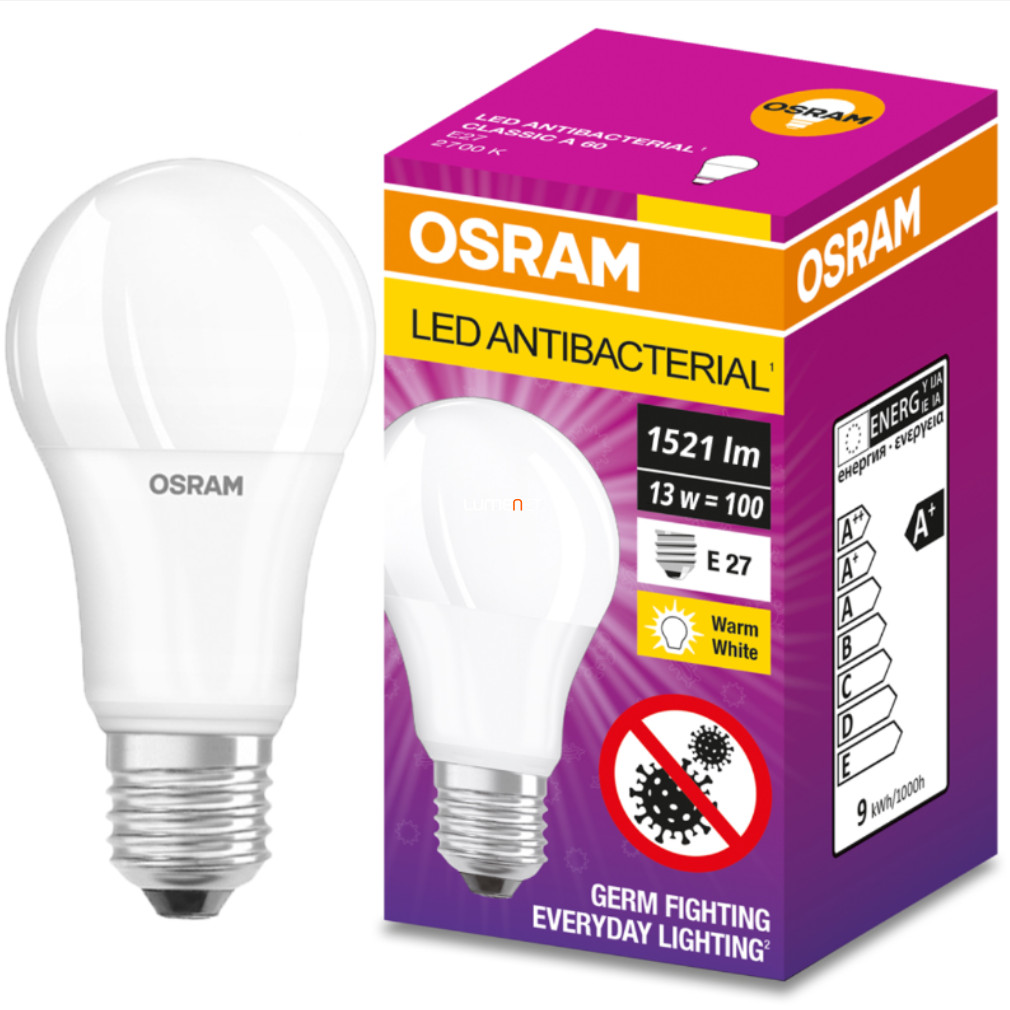 Osram E27 antibakteriális LED fényforrás 13W 1521lm 2700K - 100W izzó helyett