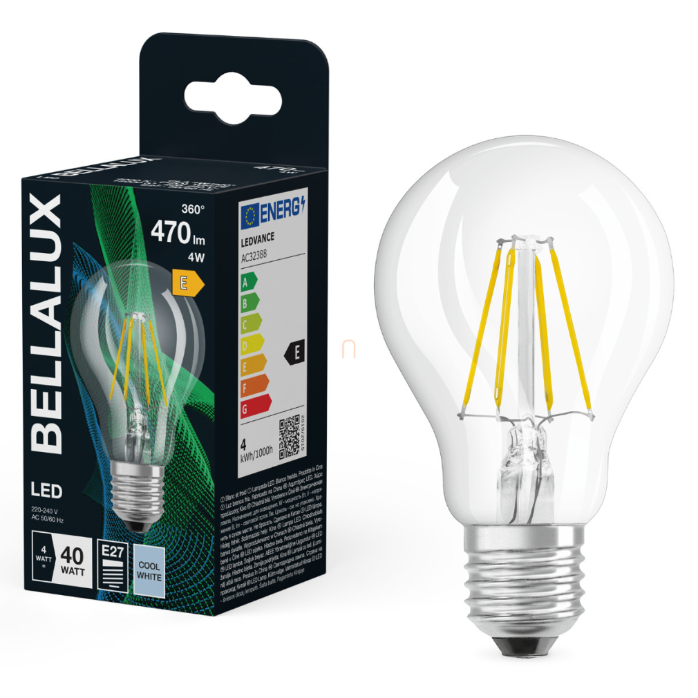 Bellalux E27 LED, 4W, 470 lm, 4000 K, hidegfehér, áttetsző üveg-40 W normál izzó helyett - Classic A 40 filament