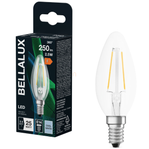   Bellalux E14 LED gyertya, 2,5W, 250 lm, 4000 K, hidegfehér, áttetsző üveg-25 W izzó helyett - Classic B filament