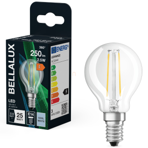   Bellalux E14 LED kisgömb, 2,5W, 250 lm, 4000 K, hidegfehér, áttetsző üveg-25 W izzó helyett - Classic P filament