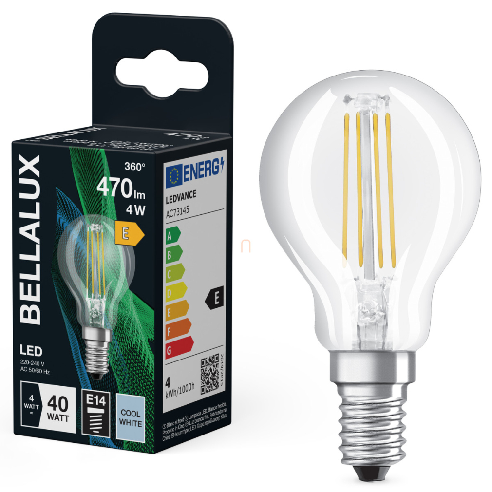 Bellalux E14 LED kisgömb, 4W, 470 lm, 4000 K, hidegfehér, áttetsző üveg-40 W izzó helyett - Classic P filament