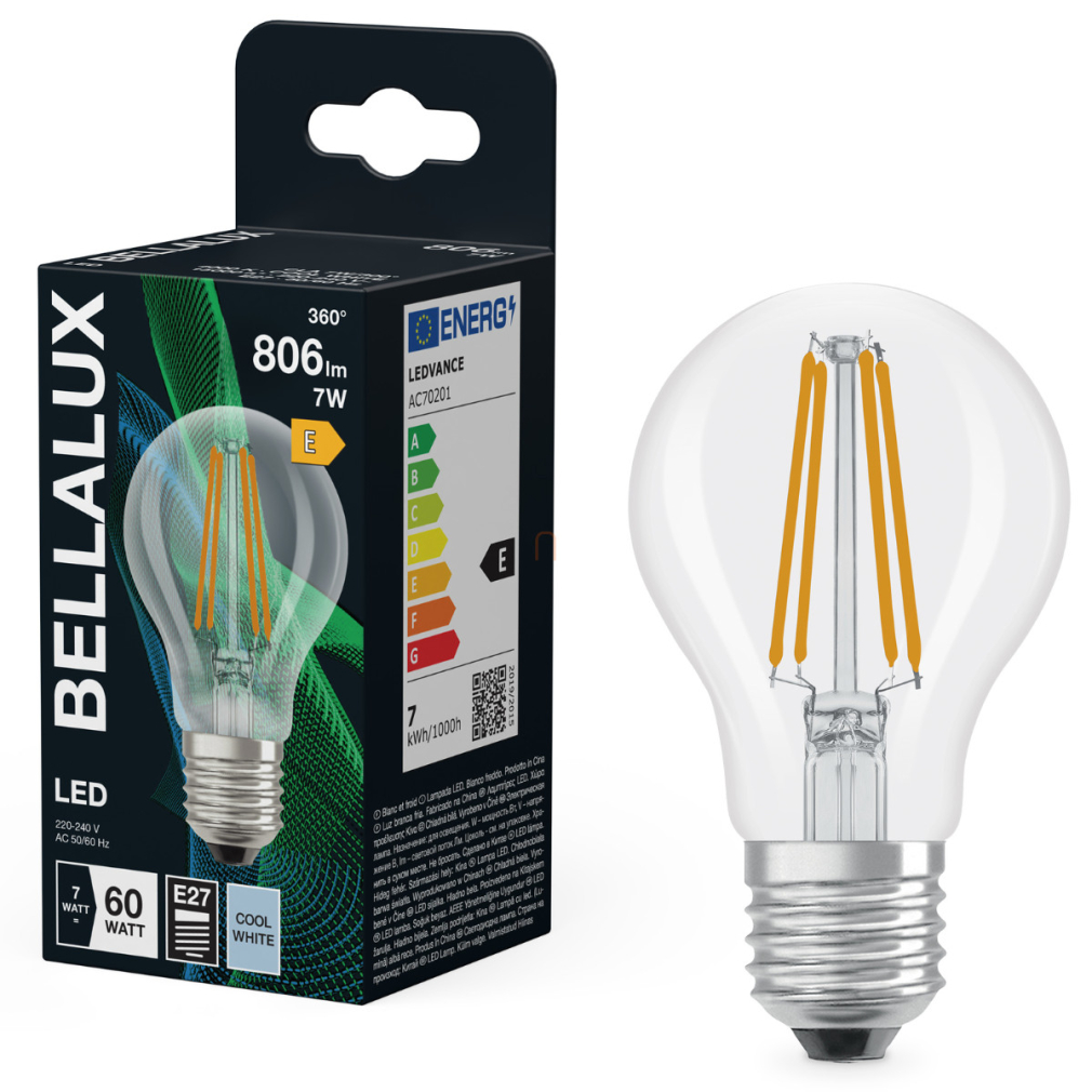 Bellalux E27 LED, 7W, 806 lm, 4000 K, hidegfehér, áttetsző üveg-60 W normál izzó helyett - Classic A 60 filament