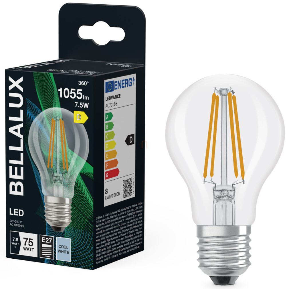 Bellalux E27 LED, 7,5W, 1055 lm, 4000 K, hidegfehér, áttetsző üveg-75 W normál izzó helyett - Classic A 75 filament
