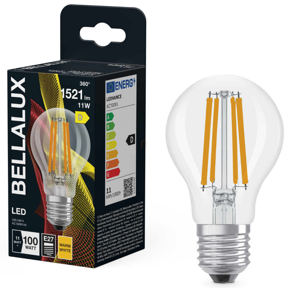 Bellalux E27 LED, 11W, 1521 lm, 2700 K, melegfehér, áttetsző üveg-100 W normál izzó helyett - Classic A 100 filament