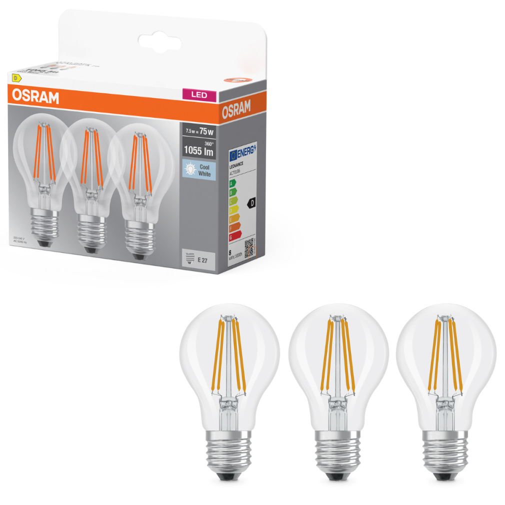 Osram E27 LED 7,5W, 1055 lm, 4000 K, hidegfehér, áttetsző üveg-75 W normál izzó helyett, 3 darabos - Classic A 75 filament
