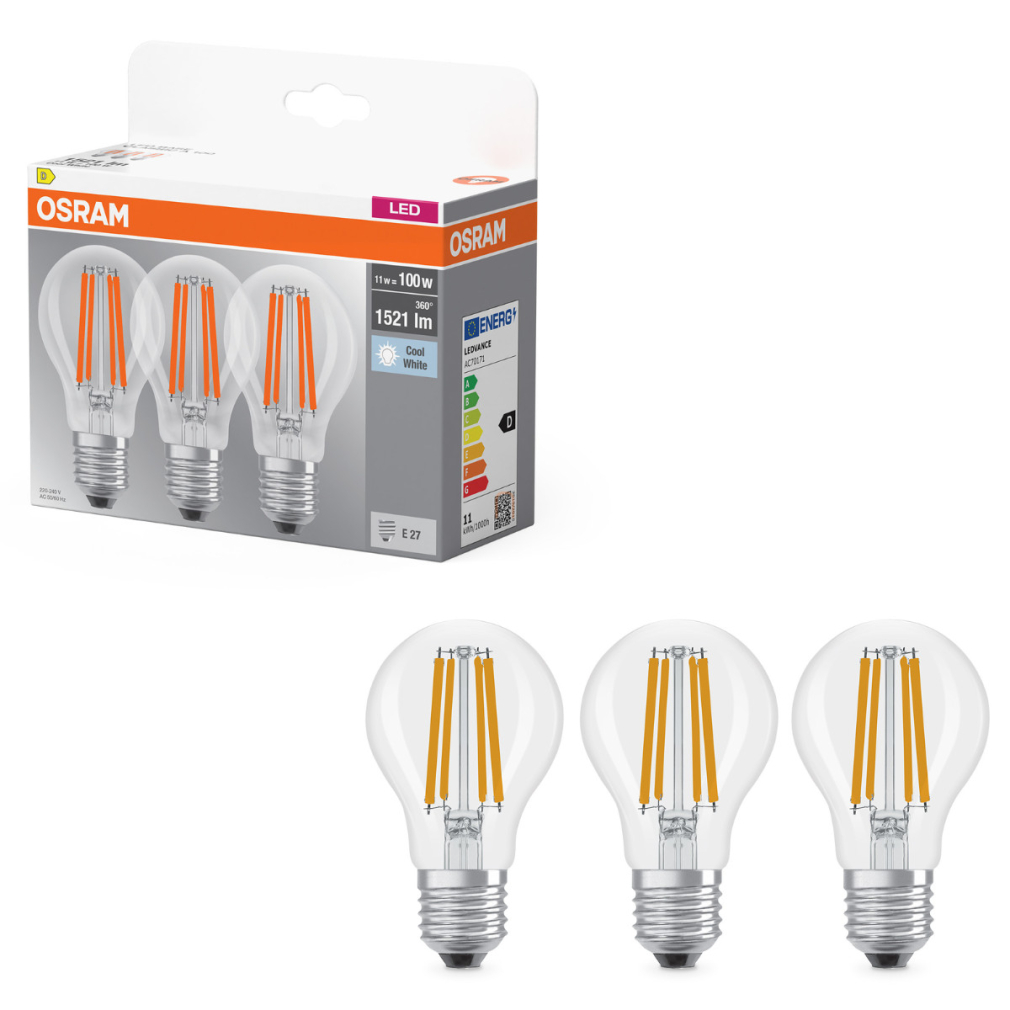 Osram E27 LED 11W, 1521 lm, 4000 K, hidegfehér, áttetsző üveg-100 W normál izzó helyett, 3 darabos - Base Classic A filament