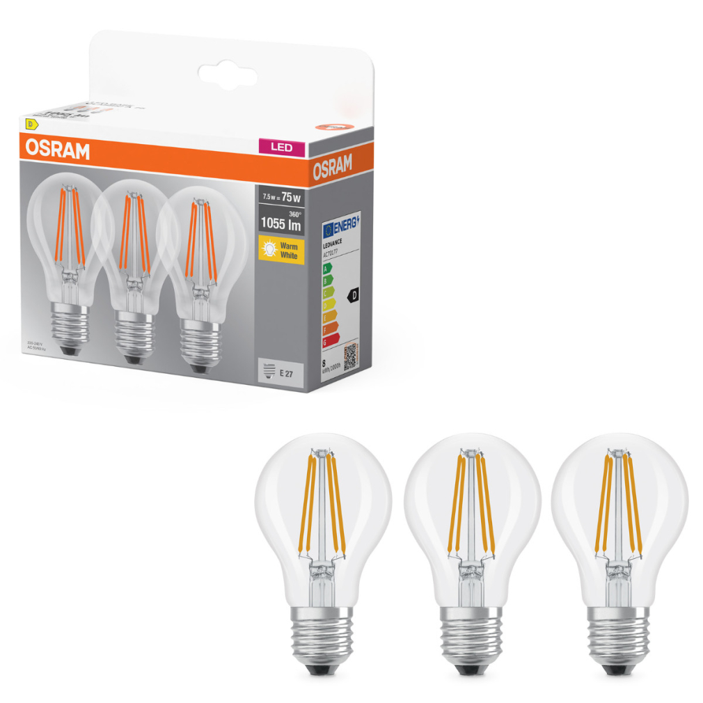 Osram E27 LED 7,5W, 1055 lm, 2700 K, melegfehér, áttetsző üveg-75 W normál izzó helyett, 3 darabos - Base Classic A filament