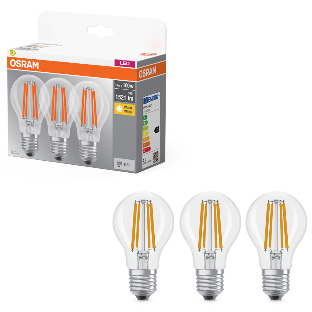 Osram E27 LED 11W, 1521 lm, 2700 K, melegfehér, áttetsző üveg-100 W normál izzó helyett, 3 darabos - Base Classic A filament