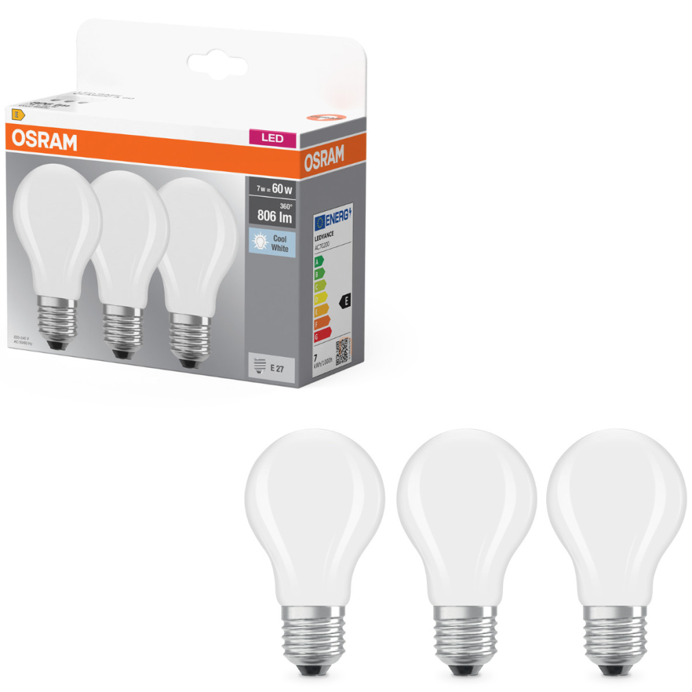 Osram E27 LED 7W, 806 lm, 4000 K, hidegfehér, opál üveg-60 W normál izzó helyett, 3 darabos - Base Classic A