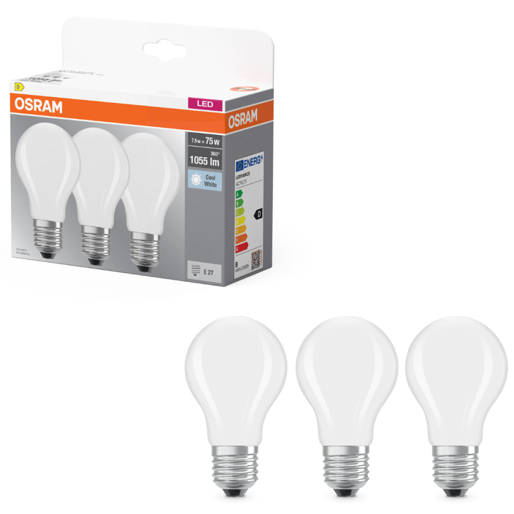 Osram E27 LED 7,5W, 1055 lm, 4000 K, hidegfehér, opál üveg-75 W normál izzó helyett, 3 darabos - Base Classic A