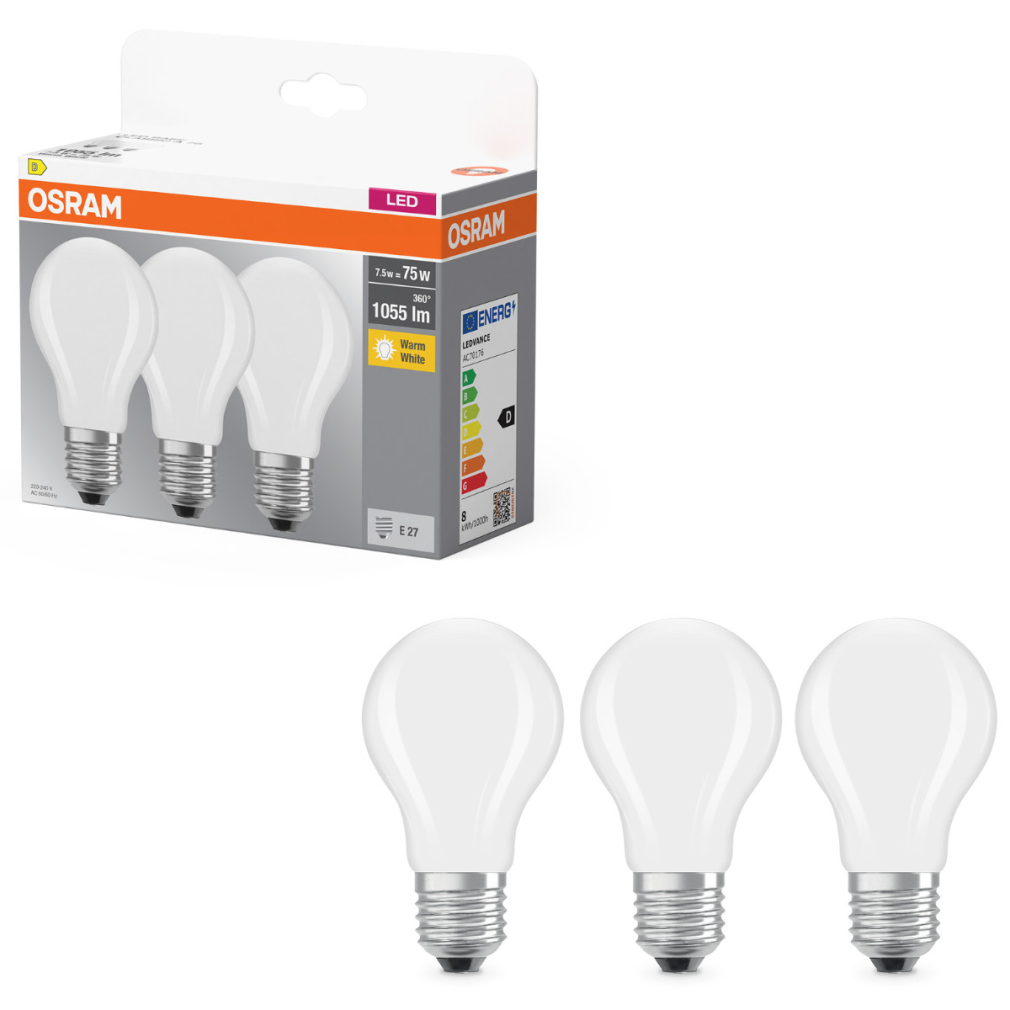 Osram E27 LED 7,5W, 1055 lm, 2700 K, melegfehér, opál üveg-75 W normál izzó helyett, 3 darabos - Base Classic A