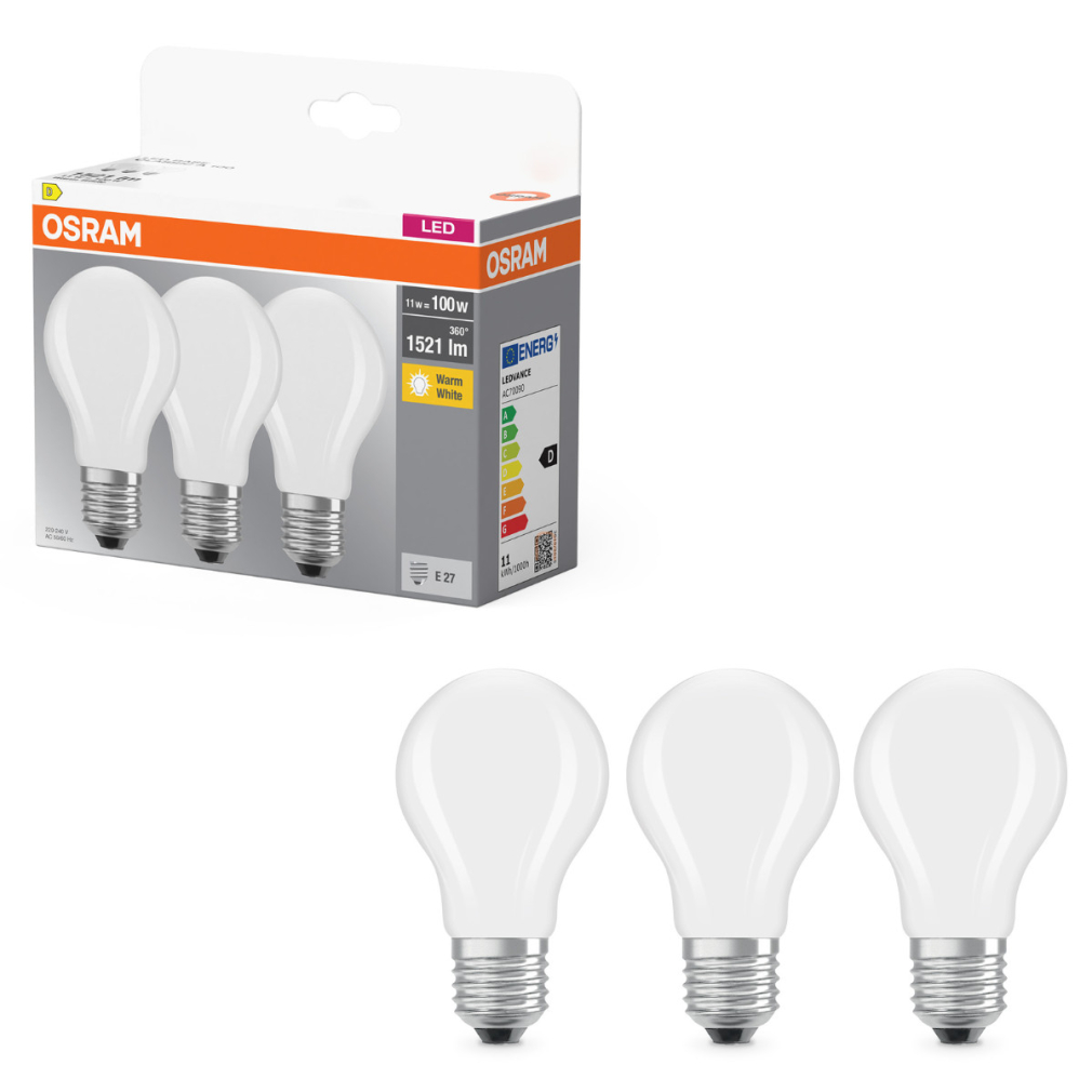 Osram E27 LED 11W, 1521 lm, 2700 K, melegfehér, opál üveg-100 W normál izzó helyett, 3 darabos - Base Classic A