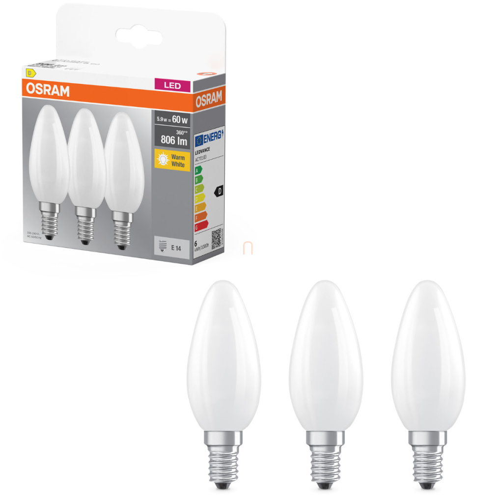 Osram E14 LED gyertya, 5,9W, 806 lm, 2700 K, melegfehér, opál üveg-60 W izzó helyett, 3 darabos - Base Classic B