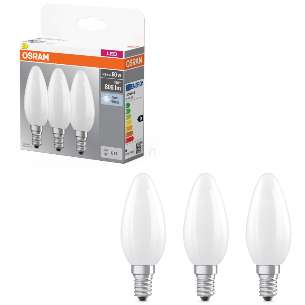 Osram E14 LED gyertya, 5,9W, 806 lm, 4000 K, hidegfehér, opál üveg-60 W izzó helyett, 3 darabos - Base Classic B