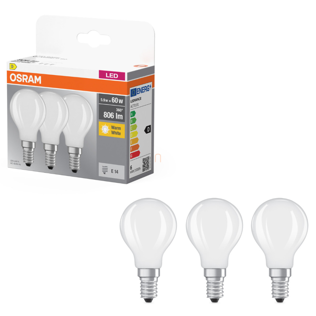 Osram E14 LED kisgömb, 5,9W, 806 lm, 2700 K, melegfehér, opál üveg-60 W izzó helyett, 3 darabos - Base Classic P