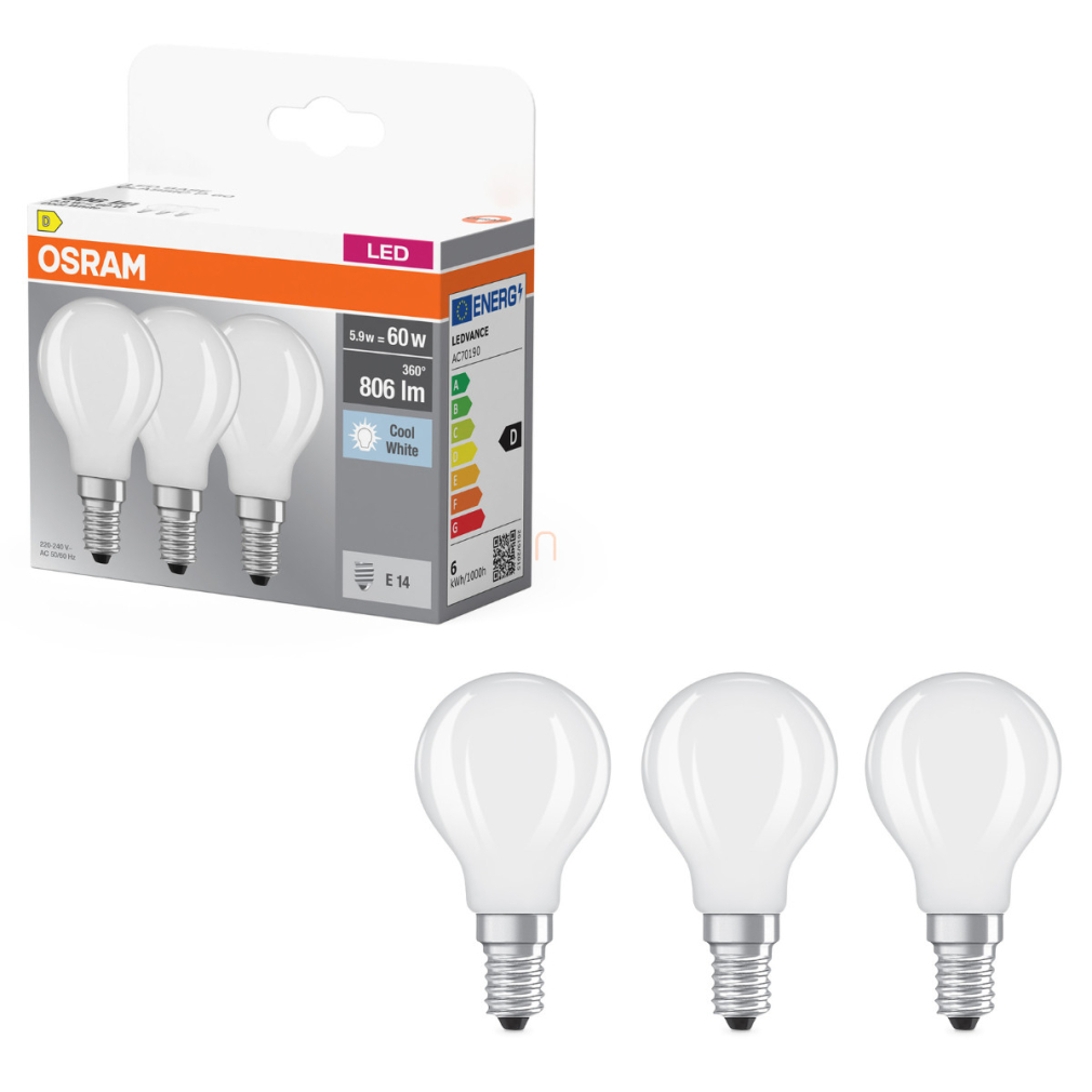 Osram E14 LED kisgömb, 5,9W, 806 lm, 4000 K, hidegfehér, opál üveg-60 W izzó helyett, 3 darabos - Base Classic P
