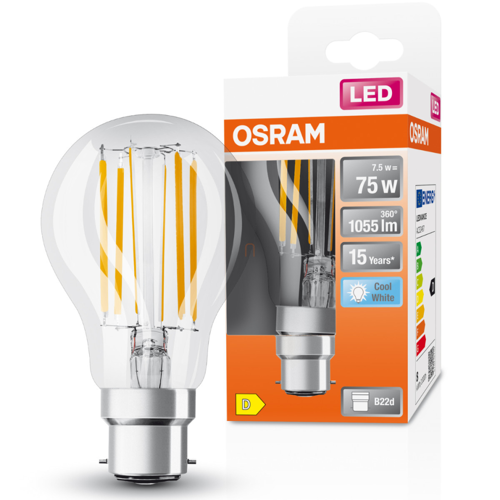 Osram B22d LED 7,5W, 1055 lm, 4000 K, hidegfehér, áttetsző üveg-75 W izzó helyett - Star Classic A filament