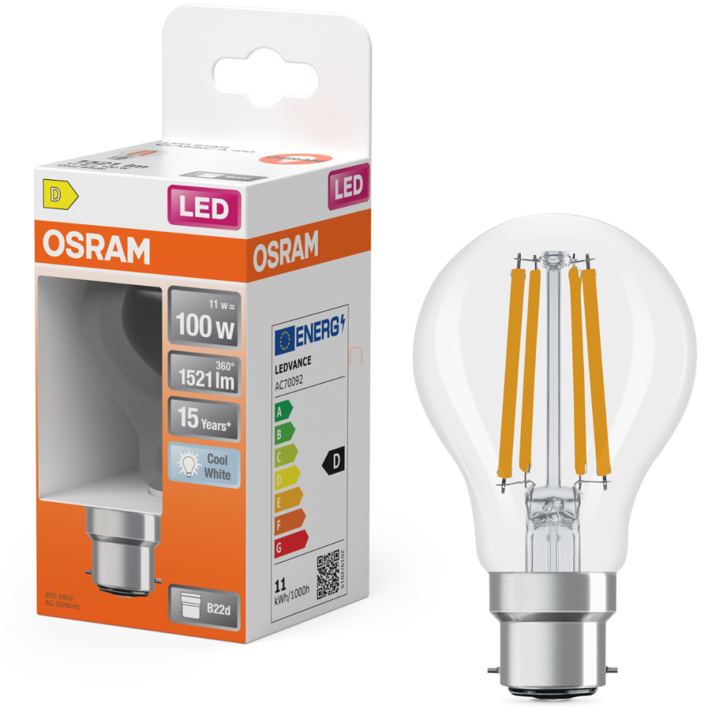 Osram B22d LED 11W, 1521 lm, 4000 K, hidegfehér, áttetsző üveg-100 W izzó helyett - Star Classic A filament
