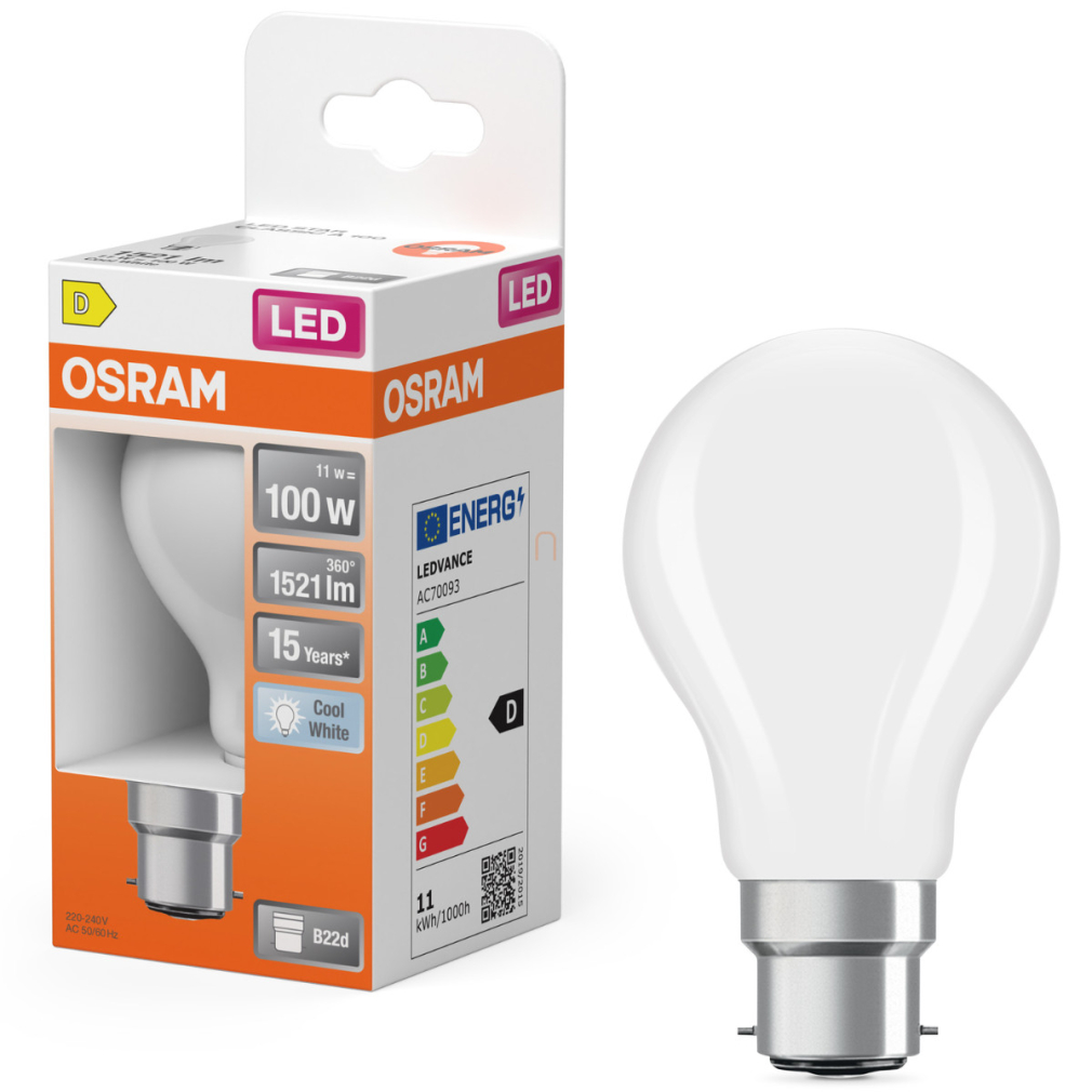Osram B22d LED 11W, 1521 lm, 4000 K, hidegfehér, opál üveg-100 W izzó helyett - Star Classic A