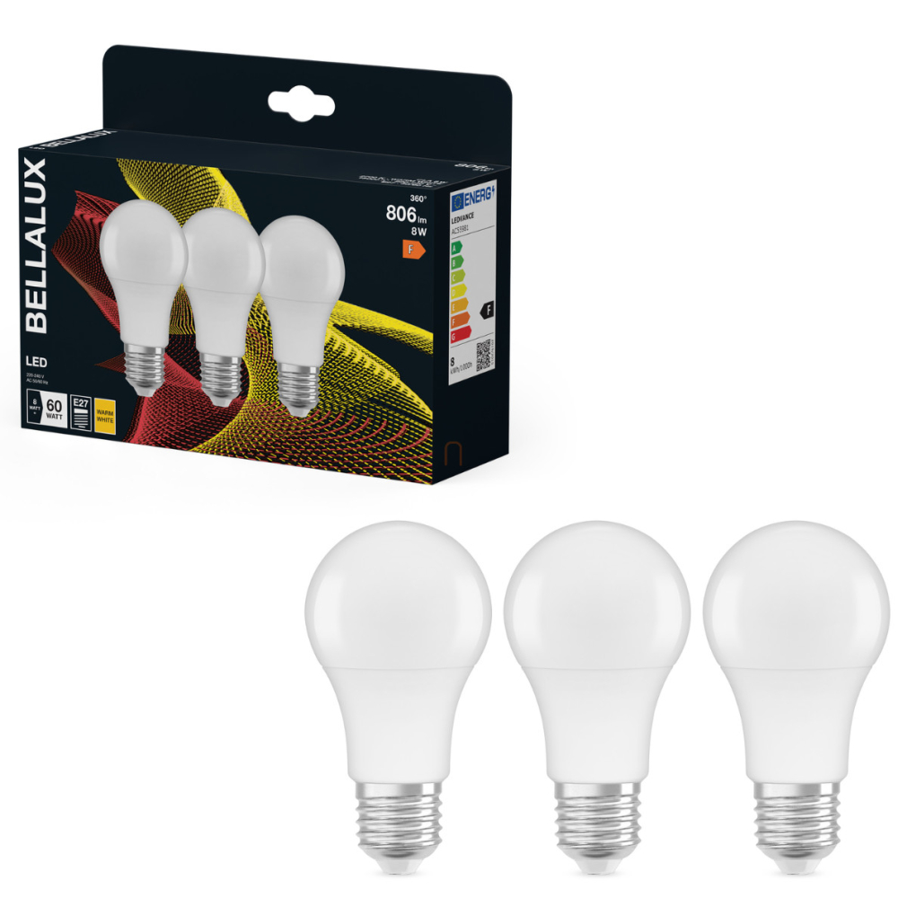 Bellalux E27 LED, 8W, 806 lm, 2700 K, melegfehér, opál műanyag-60 W normál izzó helyett, 3 darabos - Classic A 