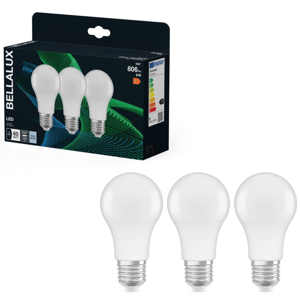 Bellalux E27 LED, 8W, 806 lm, 4000 K, hidegfehér, opál műanyag-60 W normál izzó helyett, 3 darabos - Classic A 