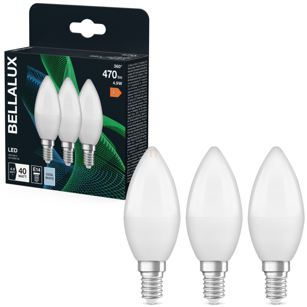 Bellalux E14 LED gyertya, 4,9W, 470 lm, 4000 K, hidegfehér, opál műanyag-40 W izzó helyett, 3 darabos - Classic B