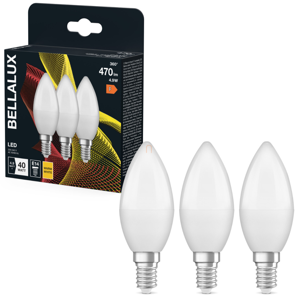Bellalux E14 LED gyertya, 4,9W, 470 lm, 2700 K, melegfehér, opál műanyag-40 W izzó helyett, 3 darabos - Classic B
