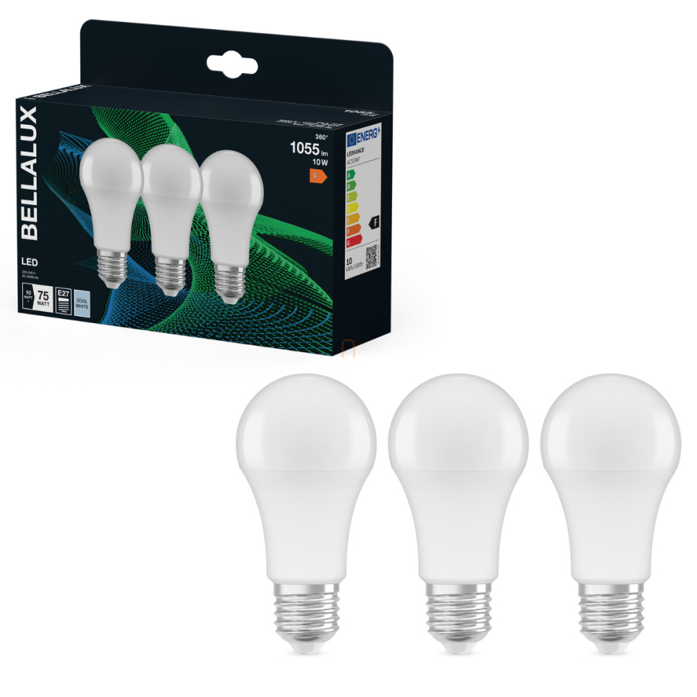 Bellalux E27 LED, 10W, 1055 lm, 4000 K, hidegfehér, opál műanyag-75 W normál izzó helyett, 3 darabos - Classic A 