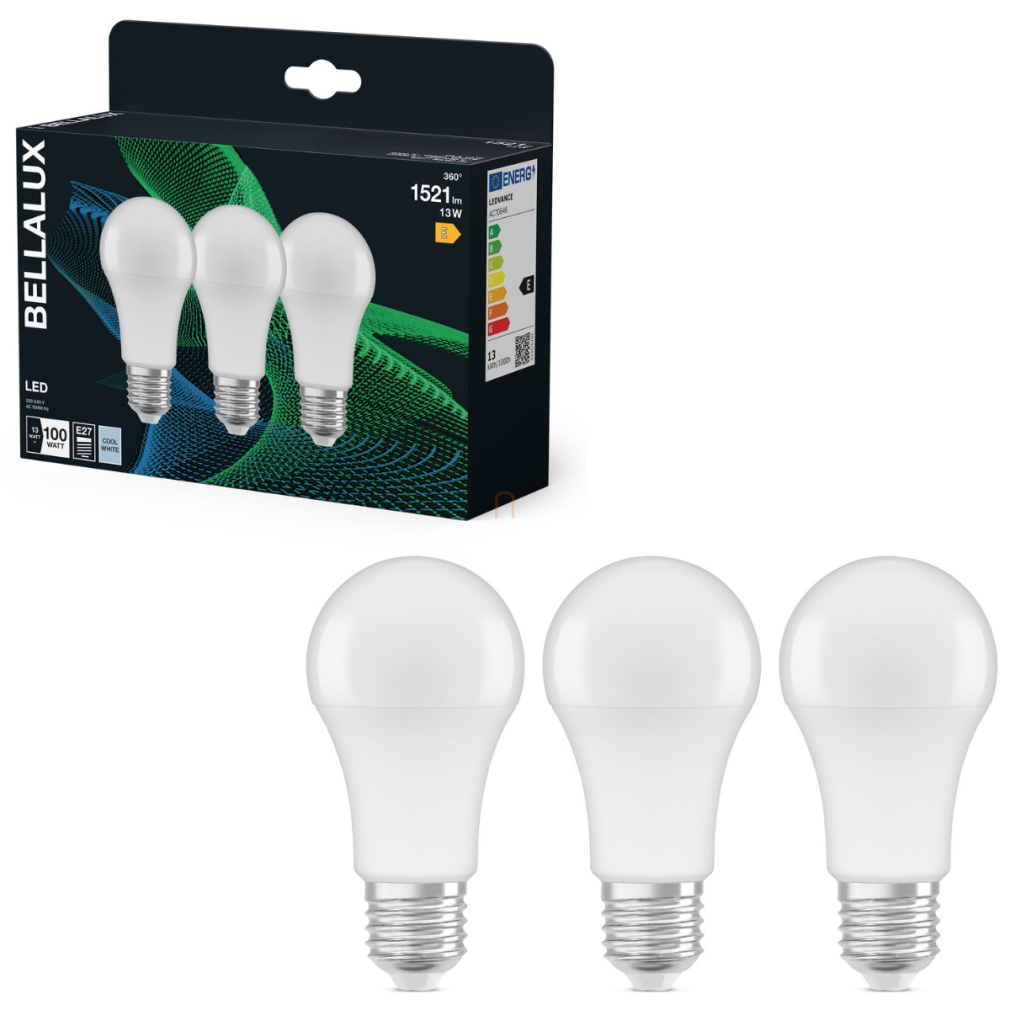 Bellalux E27 LED, 13W, 1521 lm, 4000 K, hidegfehér, opál műanyag-100 W normál izzó helyett, 3 darabos - Classic A 