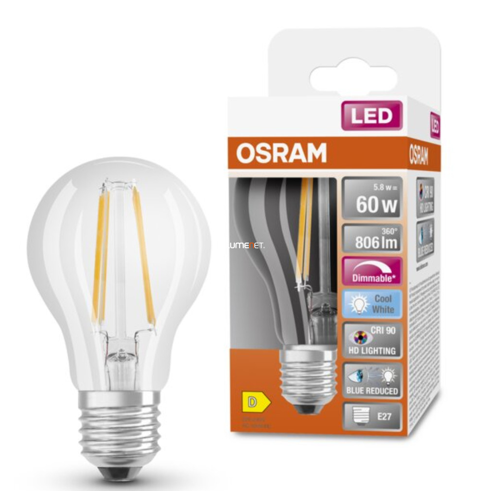 Osram E27 LED SStar+ 5,8W 806lm 4000K hidegfehér, szabályozható 300° - 60W izzó helyett