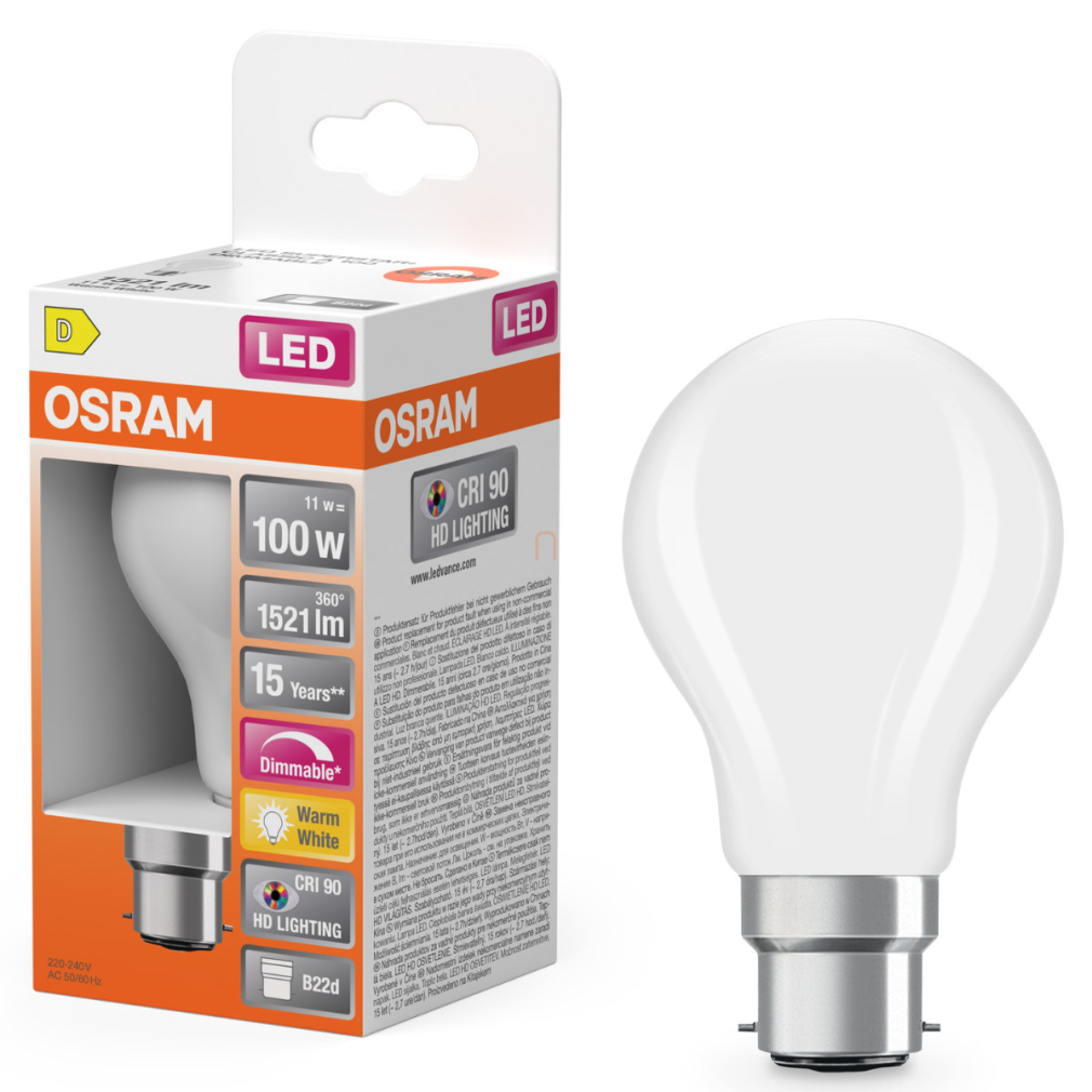 Osram B22d LED 11W, 1521 lm, 2700 K, melegfehér, dimmelhető, opál üveg-100 W izzó helyett - Superstar+ Classic A