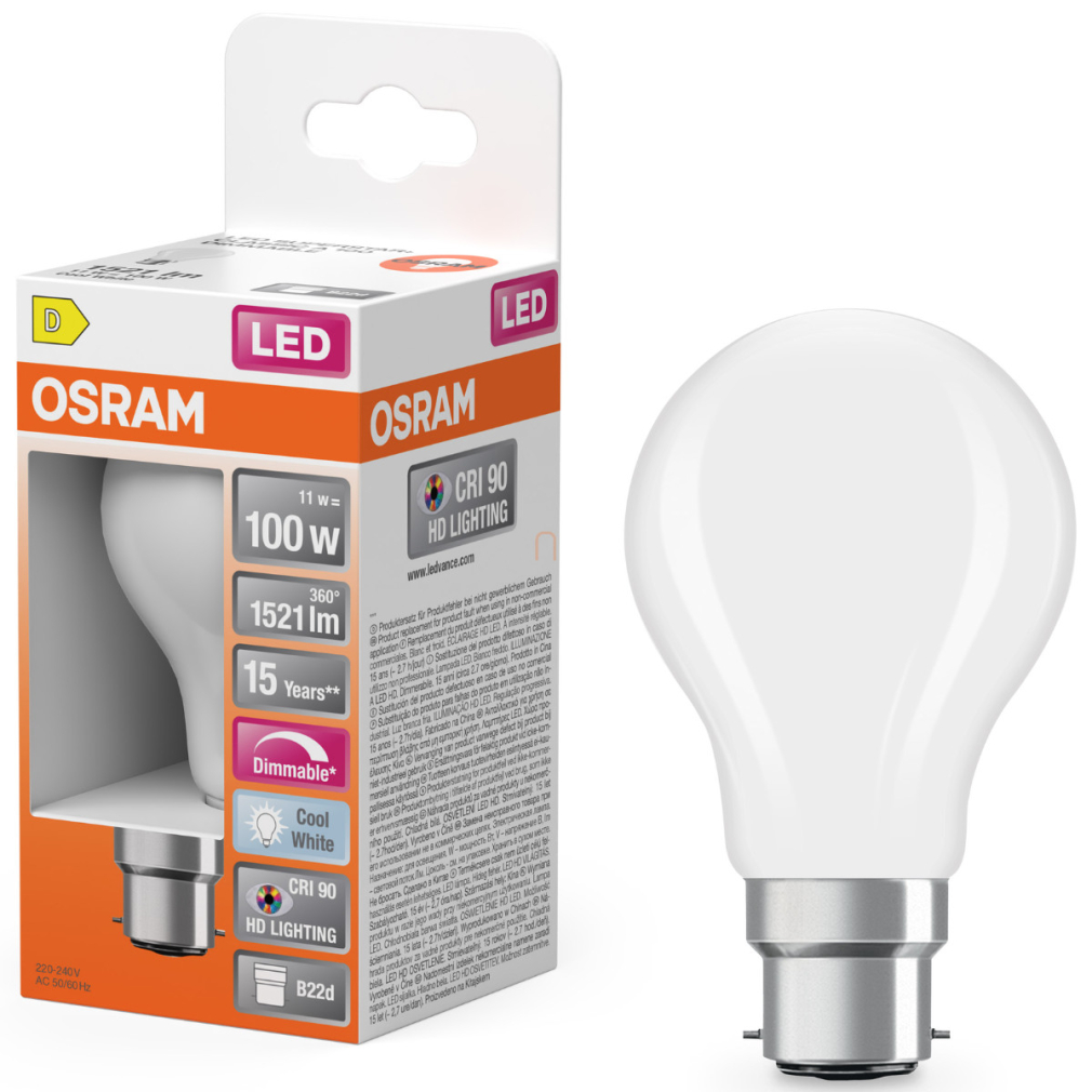Osram B22d LED 11W, 1521 lm, 4000 K, hidegfehér, dimmelhető, opál üveg-100 W izzó helyett - Superstar+ Classic A