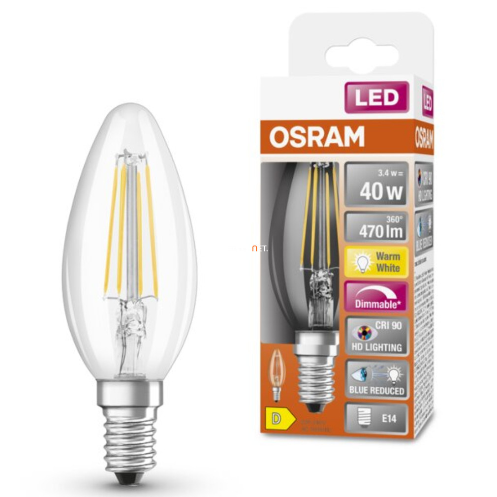 Osram E14 LED SStar+ gyertya 3,4W 470lm 2700K melegfehér, szabályozható 300° víztiszta - 40W izzó helyett