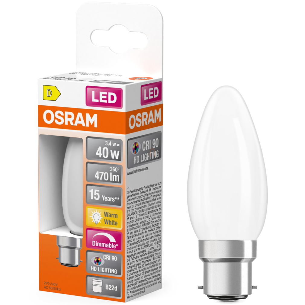 Osram B22d LED 3,4W, 470 lm, 2700 K, melegfehér, dimmelhető, opál üveg-40 W izzó helyett - Superstar+ Classic B