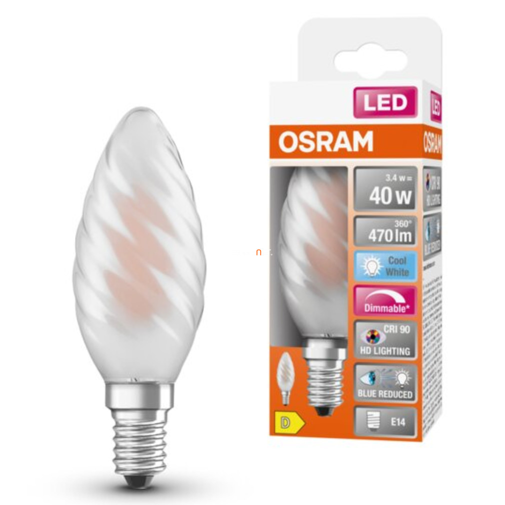 Osram E14 LED SStar+ csavart 3,4W 470lm 4000K hidegfehér, szabályozható 300° opál - 40W izzó helyett