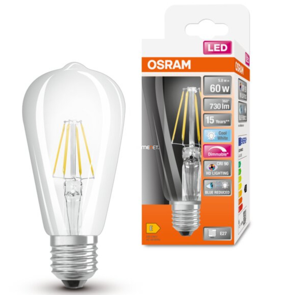 Osram E27 LED SStar+ Edison 5,8W 806lm 4000K hidegfehér, szabályozható 300° - 60W izzó helyett