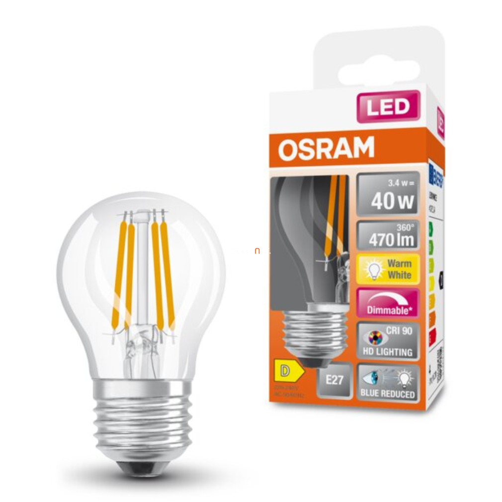 Osram E27 LED SStar+ kisgömb 3,4W 470lm 2700K melegfehér, szabályozható 300° - 40W izzó helyett