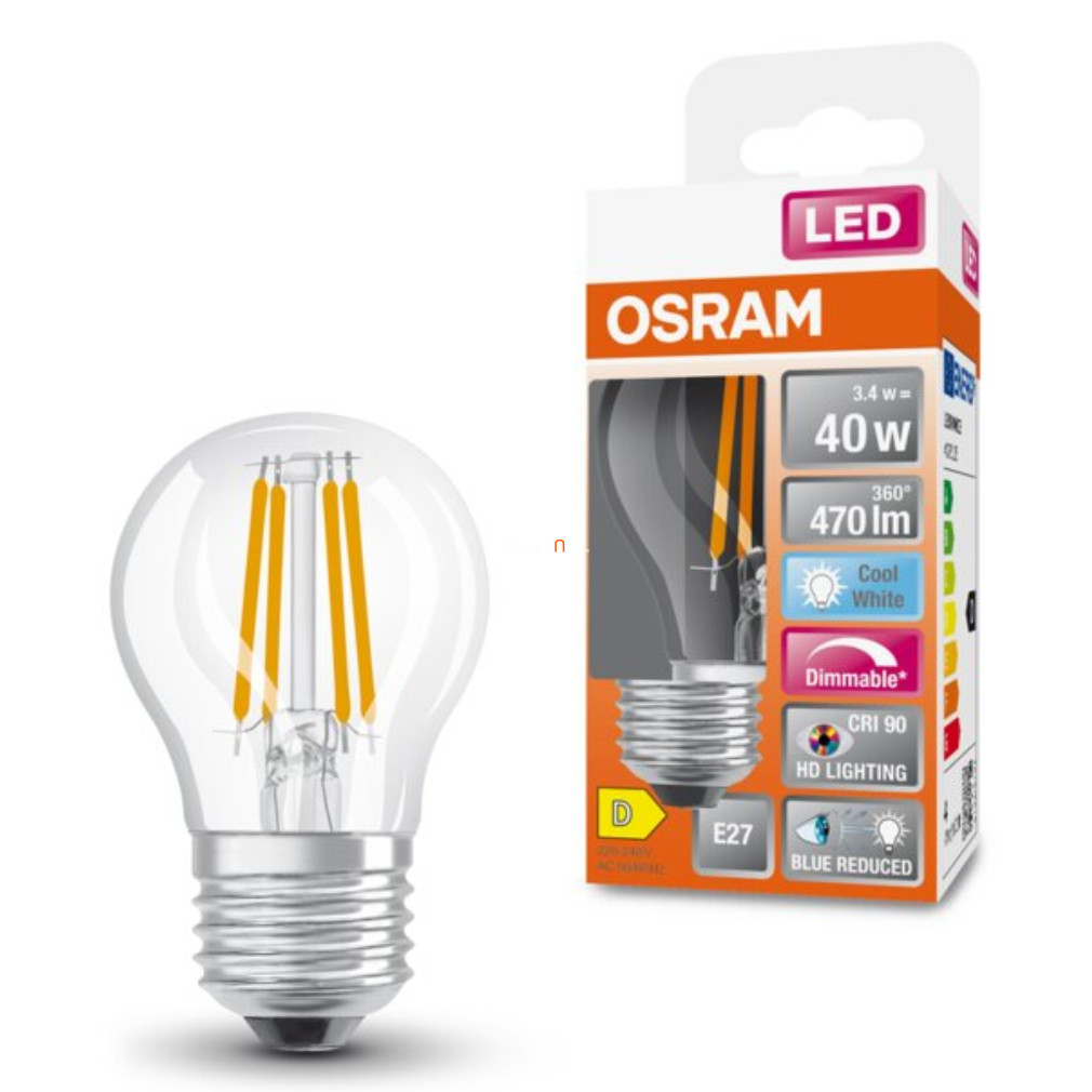 Osram E27 LED SStar+ kisgömb 3,4W 470lm 4000K hidegfehér, szabályozható 300° - 40W izzó helyett